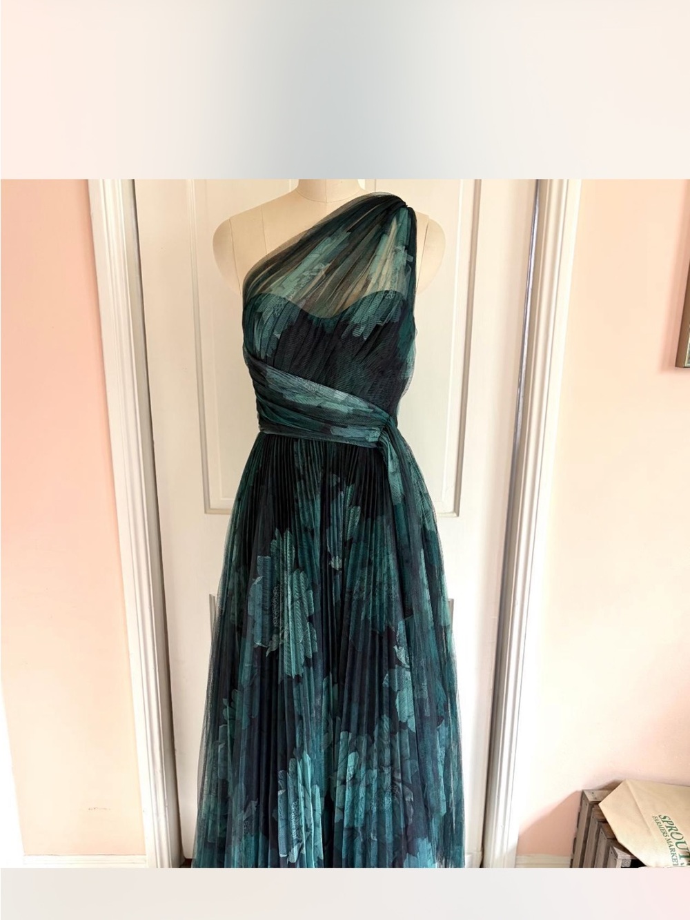 Hutch One-Shoulder Emerald Green Floral Tulle Gown - Picture 2 of 4